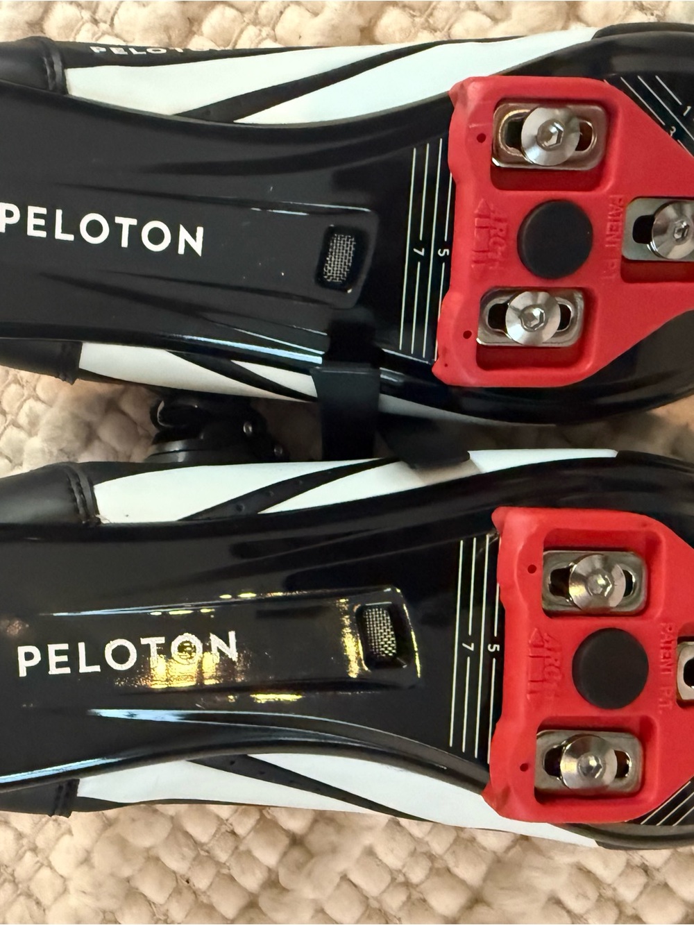 Peloton Women's Black White Cycling Sneakers with Red Cleats